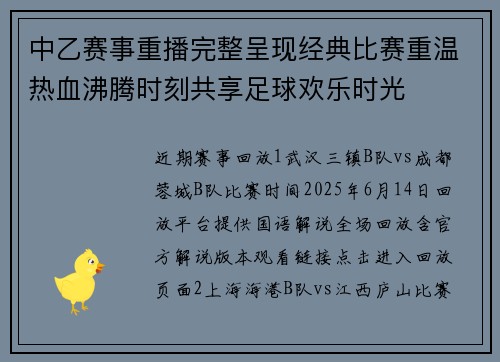 中乙赛事重播完整呈现经典比赛重温热血沸腾时刻共享足球欢乐时光